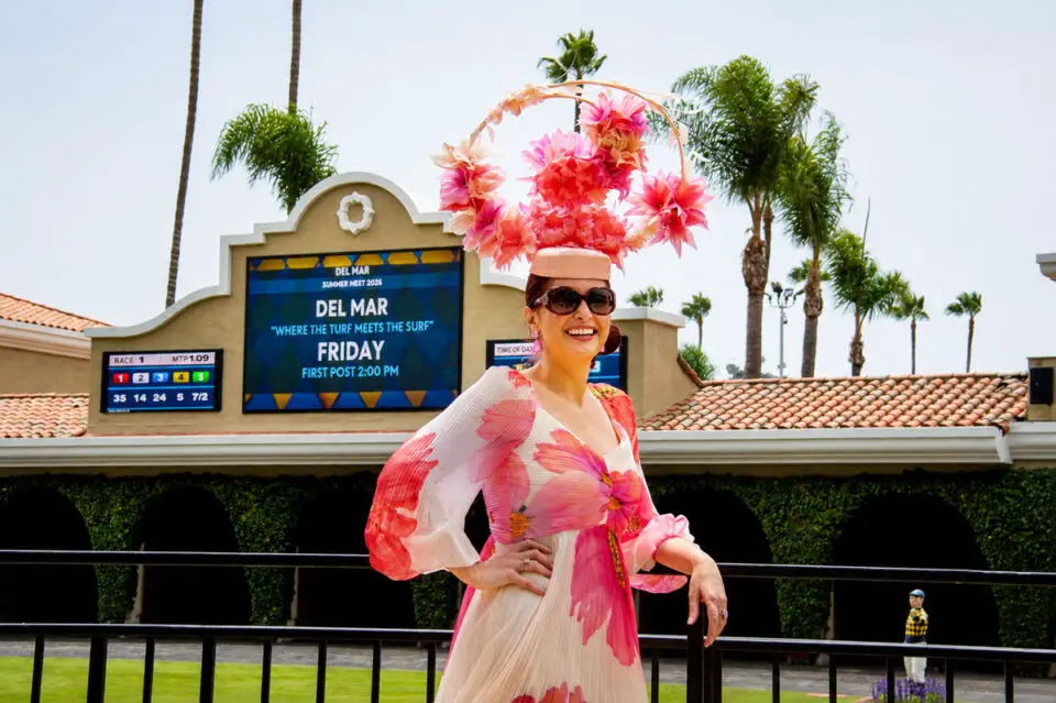 Participants in the Opening Day Hats Contest on July 17 at the Del Mar Racetrack were adorned in feathers, flowers, and ribbons. Photo by Leo Place