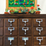 Carlsbad Seed Library offers hundreds of free seeds each month. Above, library seed cupboards at Cole Library decorated with children’s Lego projects. Photo by Jano Nightingale
