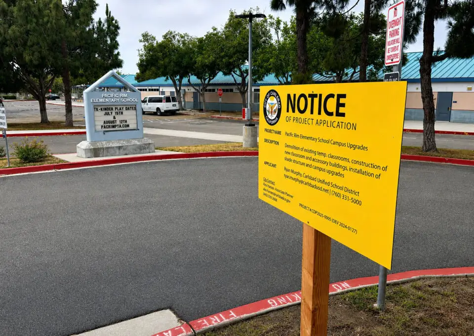 A notice of project application for campus upgrades on July 21 at Pacific Rim Elementary School in Carlsbad. Photo by Cameron Adams