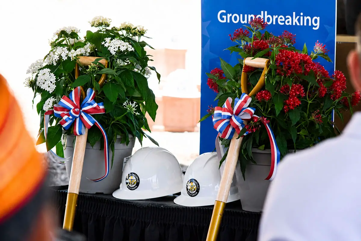Shovels and helmets at a July 6 groundbreaking ceremony for Veterans Memorial Park in Carlsbad. Photo by Summer Hu