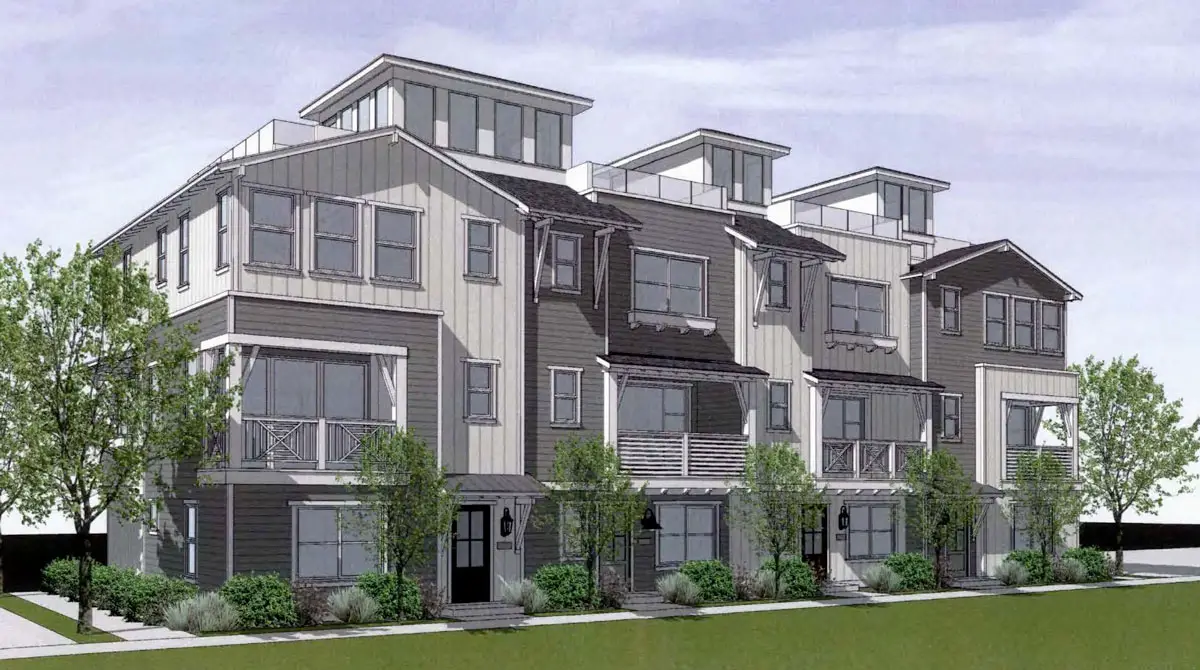 A rendering shows the proposed PI Townhomes development for the vacant Planning Area F site in Carlsbad's Ponto neighborhood, where a long-running debate over housing and a coastal park continues. Courtesy rendering/KTGY