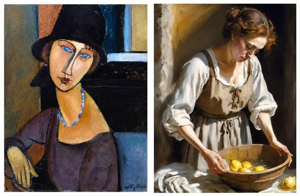 At left, Modigliani’s traditional painting "Window to the Soul” carries more emotion and soul as well as paint luminosity and texture as a traditional painting. At right, Bob Coletti’s AI image, "Maiden Washing Lemons,” which looks nice but struggles to show emotion. Courtesy photo/Bob Coletti