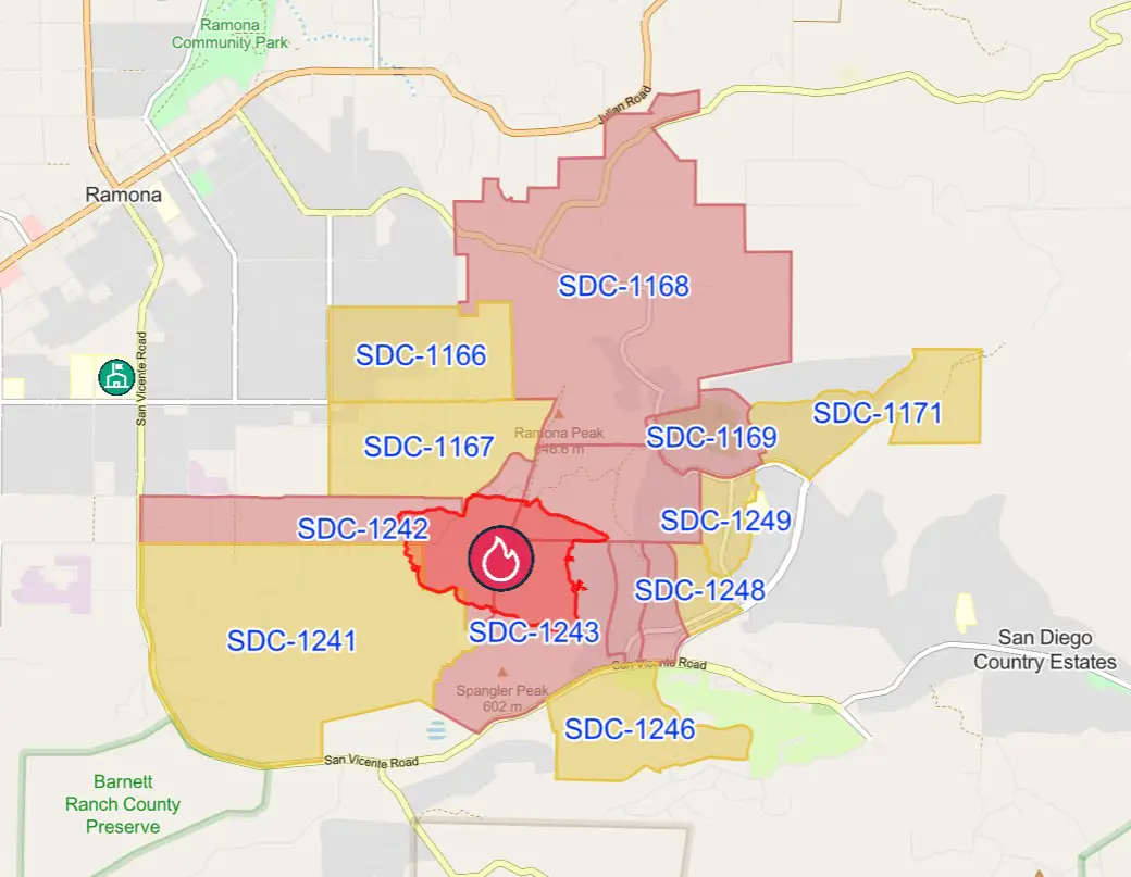 A heat map shows the location of the Creelman Fire near Ramona on July 22. The wildfire prompted evacuations and road closures as firefighters worked to contain the blaze. Courtesy image/Watch Duty