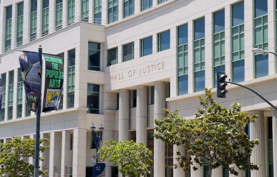 San Diego Hall of Justice building during a discussion of government oversight and public accountability.