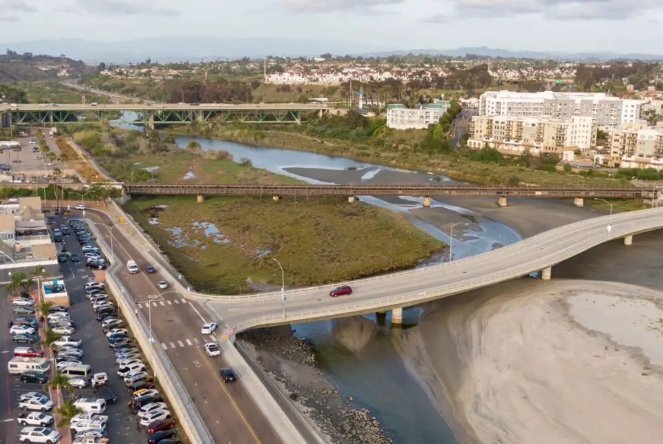 The mouth of the San Luis Rey River in Oceanside. The city's updated Climate Action Plan sets new greenhouse gas reduction targets through 2050. Photo by Oak City Drone