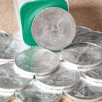 Investment-grade silver bullion coins prepared for sale.