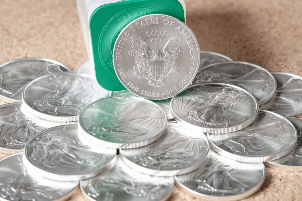 Investment-grade silver bullion coins prepared for sale.