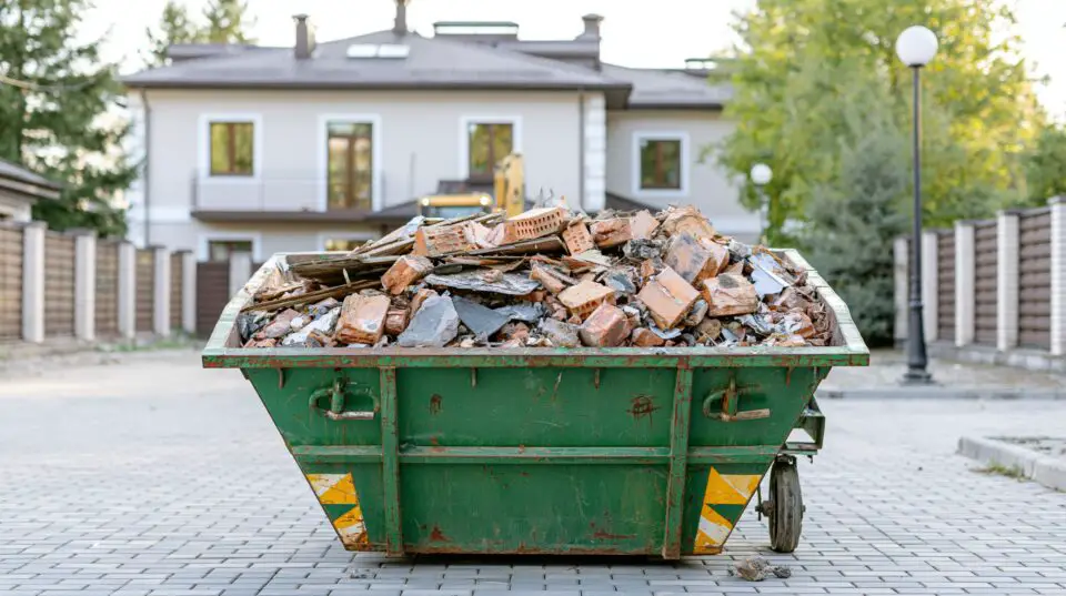 Residential skip bin filled with renovation debris outside a home.