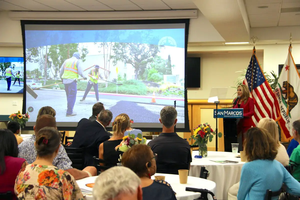 San Marcos Mayor Rebecca Jones speaks during the 2026 State of the City address at the San Marcos Senior Center on July 29. Photo by Leo Place