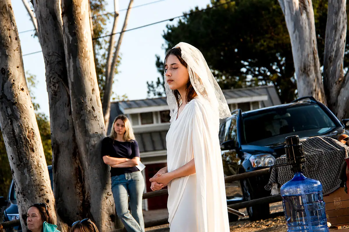 Isabella Podesta portrays Hermione in the final scene of “The Winter’s Tale” by North Coast Repertory Theatre School at the Olivenhain Meeting Hall on July 16. Photo by Leo Place