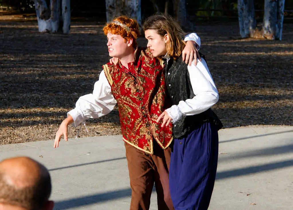 Landon Friis, left, and Gabriel Bergseid in the North Coast Repertory Theatre School’s July 16 performance of “The Winter’s Tale” at the Olivenhain Meeting Hall. Photo by Leo Place