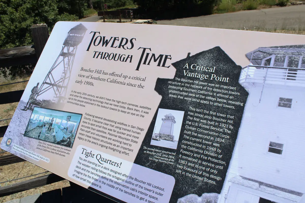 A sign at the Boucher Hill Fire Lookout details the history of fire lookout towers in San Diego County, where Boucher Hill is now the county's only operating fire lookout following the closure of two U.S. Forest Service towers earlier this year. Photo by Samantha Nelson