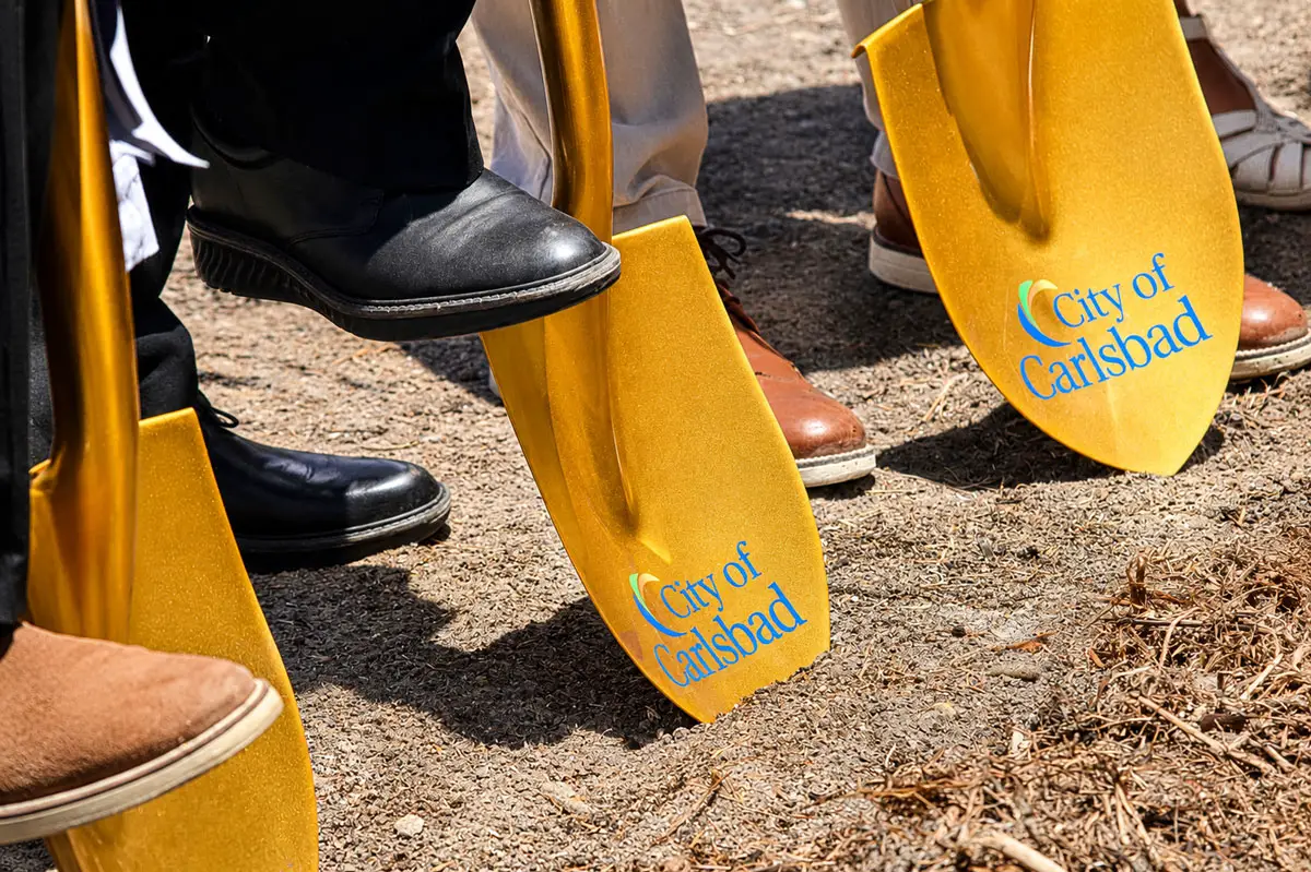 Shovels wait to break ground on July 6 at Veterans Memorial Park, soon to be Carlsbad's largest park. Photo by Summer Hu
