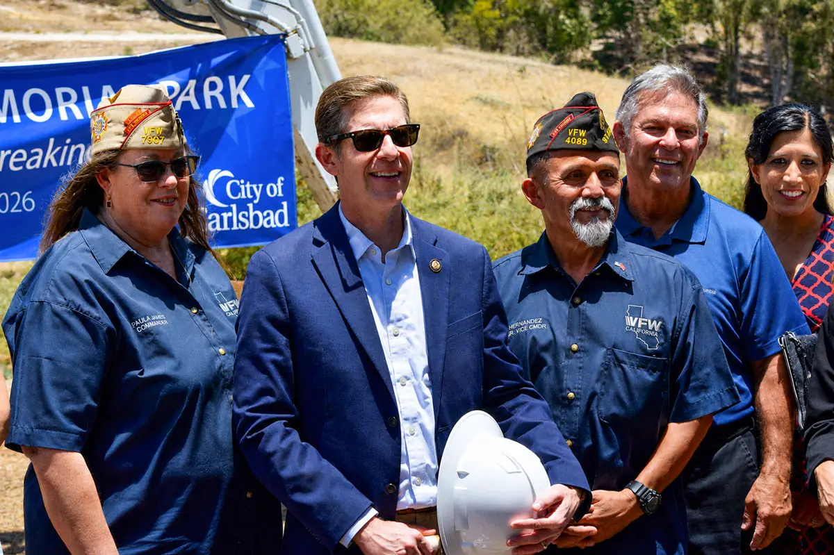 U.S. Rep. Mike Levin, Mayor Keith Blackburn, Mayor Pro Tem Priya Bhat-Patel, VFW California Senior Vice Commander Paula Jansen and VFW California Senior Vice Commander John Z. Hernandez smile forn a photo on July 6 at a groundbreaking ceremony for Veterans Memorial Park in Carlsbad. Photo by Summer Hu