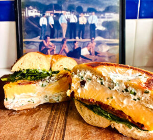 The Two Egg Patty sandwich with cheddar, local greens and garlic chive cream cheese as its base. Photo by David Boylan