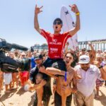 Jake Marshall of Encinitas celebrates after winning the Lexus U.S. Open of Surfing on Aug. 2 in Huntington Beach. The victory was Marshall's first World Surf League win.