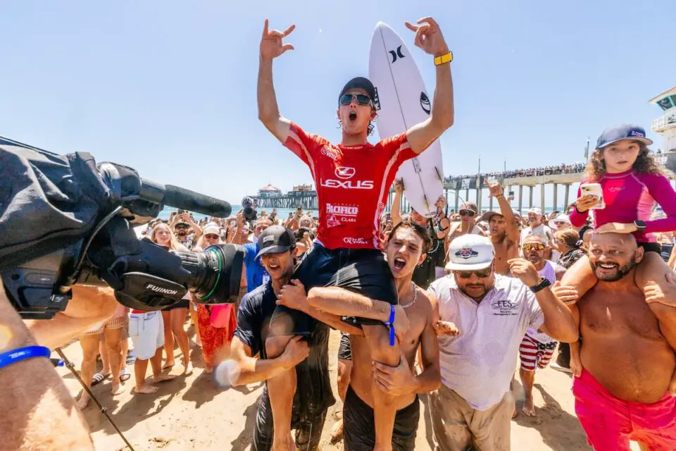 Jake Marshall of Encinitas celebrates after winning the Lexus U.S. Open of Surfing on Aug. 2 in Huntington Beach. The victory was Marshall's first World Surf League win.