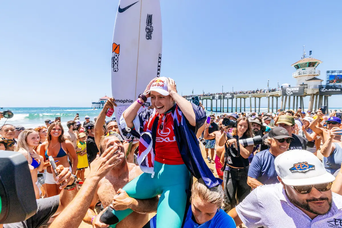 Australia's Sierra Kerr celebrates after winning the women's final at the Lexus U.S. Open of Surfing on Aug. 2 in Huntington Beach. The victory marked Kerr's return to competition after battling Lyme disease and neurological complications.