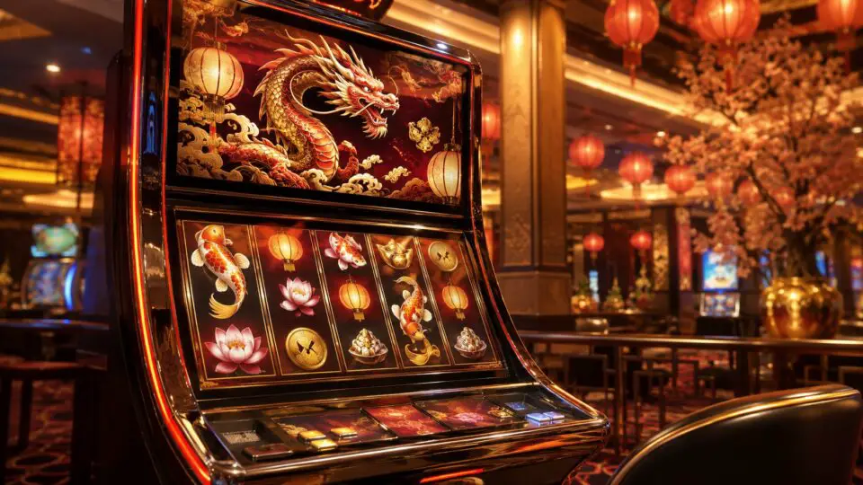 Asian-inspired slot machine featuring dragon, koi fish and lantern imagery