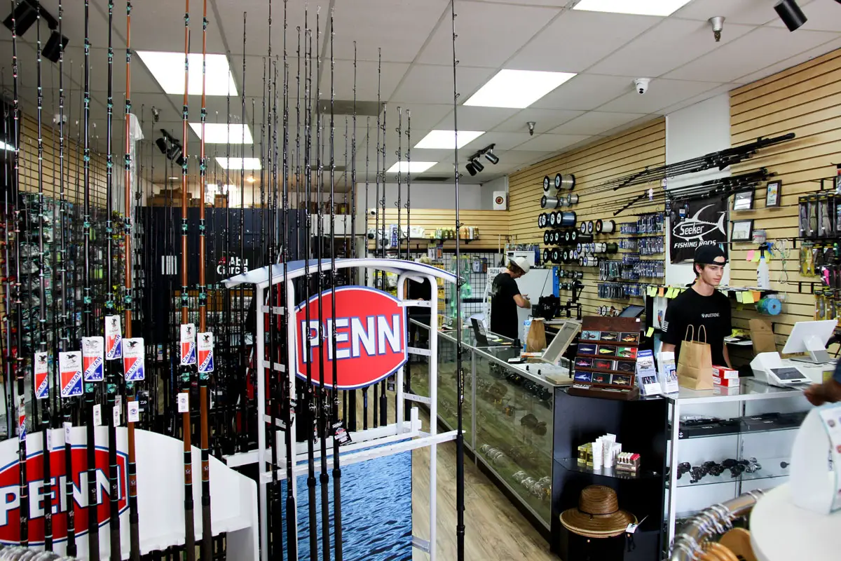 Fishing rods, reels and other gear fill the shelves at North County Bait & Tackle in Encinitas. Photo by Cameron Adams