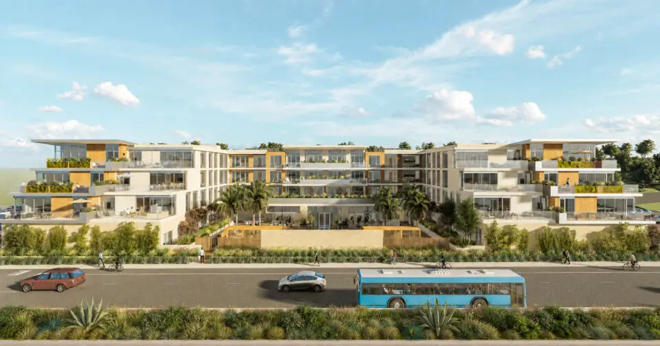 A rendering shows the proposed 87-unit Camino Condos development along El Camino Real in Encinitas. Courtesy image