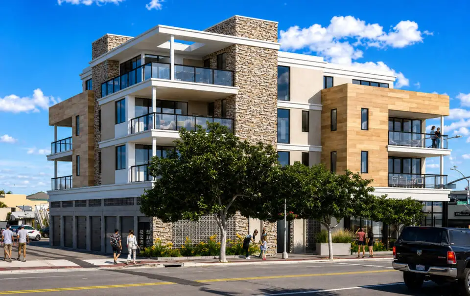A rendering shows the proposed four-story Carlsbad Village Square mixed-use development at Carlsbad Village Drive and State Street, featuring seven residential condominiums and ground-floor commercial space. Courtesy image/City of Carlsbad