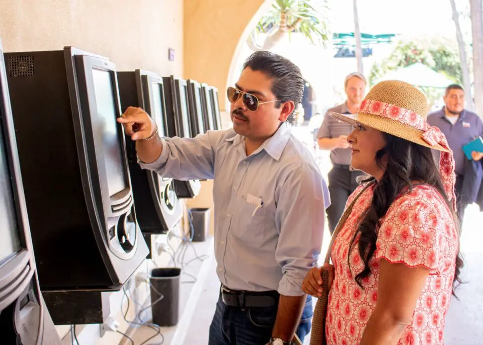 Guests use horse racing wagering terminals at Del Mar Racetrack in Del Mar, California.
