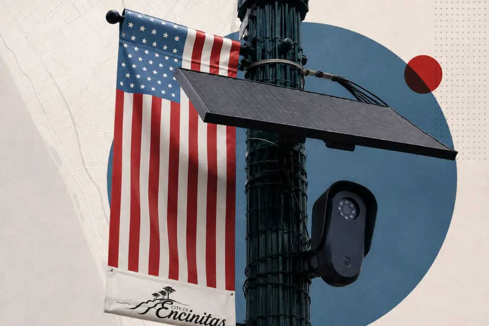 A license plate reader camera on a light pole in Encinitas. Photo by Christian Howell/The Coast News graphic
