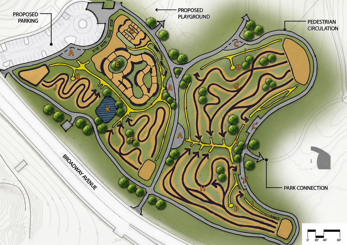 An overhead map shows plans for the proposed 4.6-acre John Masson Memorial Bike Park at Jesmond Dene Park in Escondido. Courtesy image/City of Escondido
