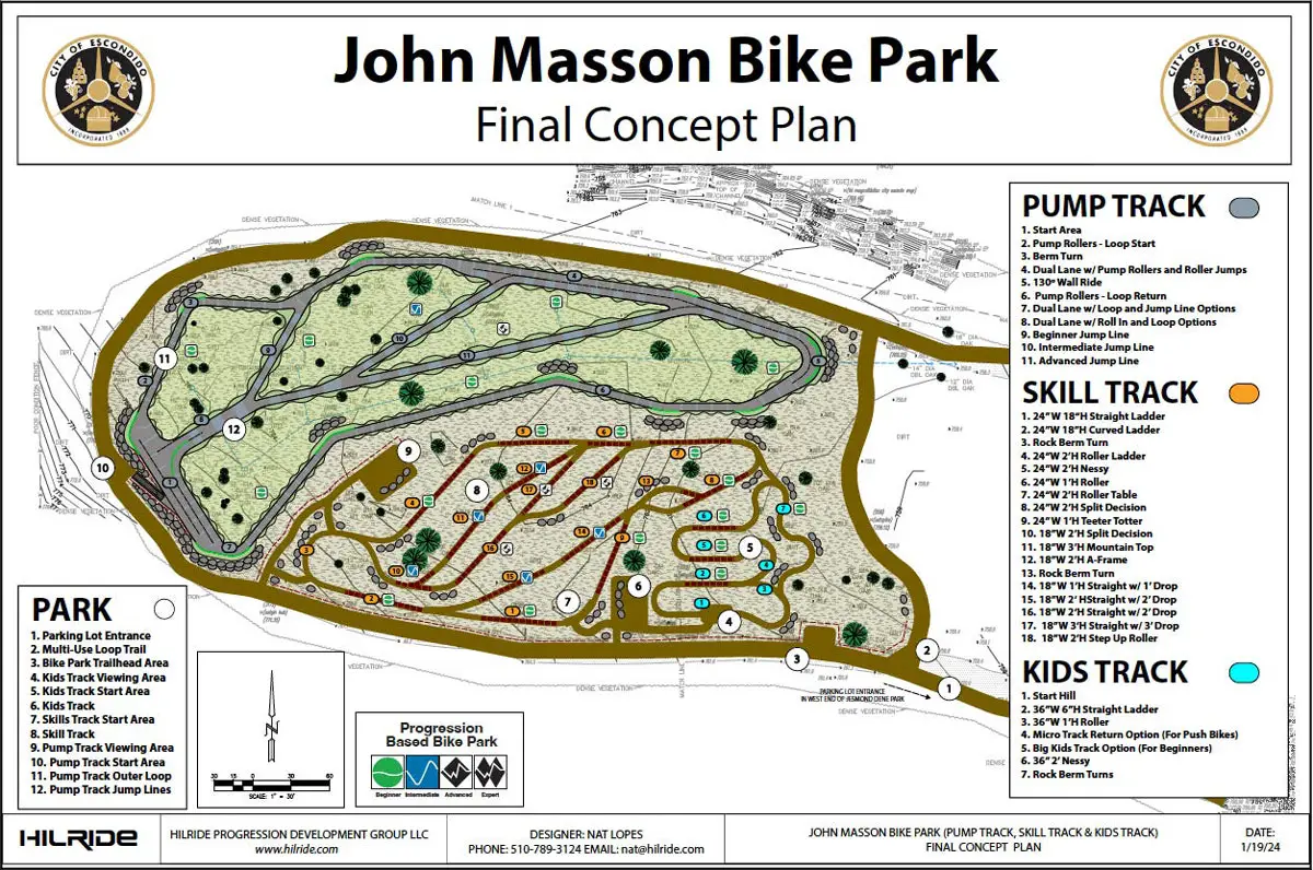 A final concept plan shows the proposed layout of the John Masson Memorial Bike Park in Escondido, including pump, skill and kids tracks, viewing areas and a multi-use trail. Courtesy image/City of Escondido