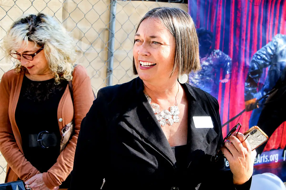 New Village Arts founder and Executive Artistic Director Kristianne Kurner gives a tour of the theater during its $2.8 million renovation in Carlsbad in this file photo. Kurner plans to step down in June 2027 after 25 years with the theater company. File photo/Steve Puterski