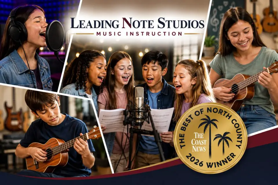 Children participating in group music classes at Leading Note Studios, singing and playing ukulele and guitar after being named Best of North County 2026.