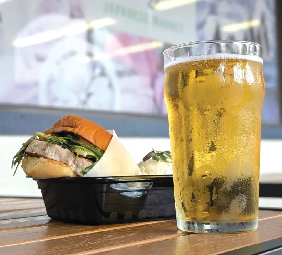 Takumi Rice Lager with a tuna burger — a perfect match at Koakai Brewing. Photo by Jeff Spanier