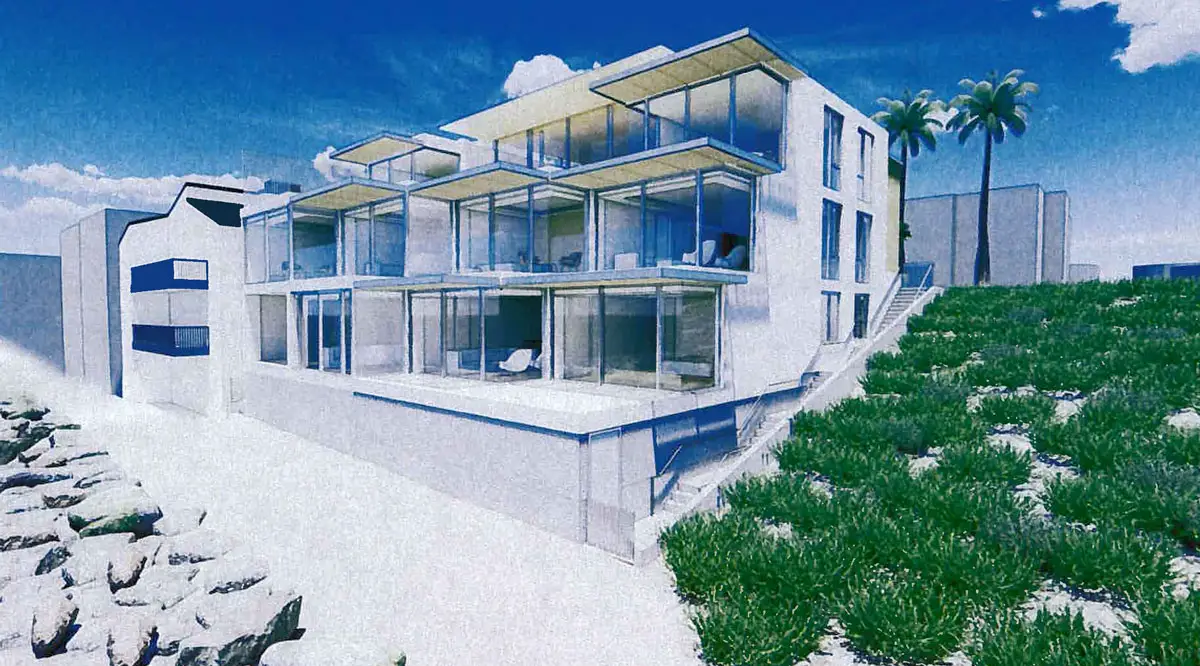 A rendering shows a proposed five-unit condominium building planned for 1323 S. Pacific St. in Oceanside. The project would replace an existing three-unit apartment building if approved by the California Coastal Commission. Rendering courtesy of the project applicant