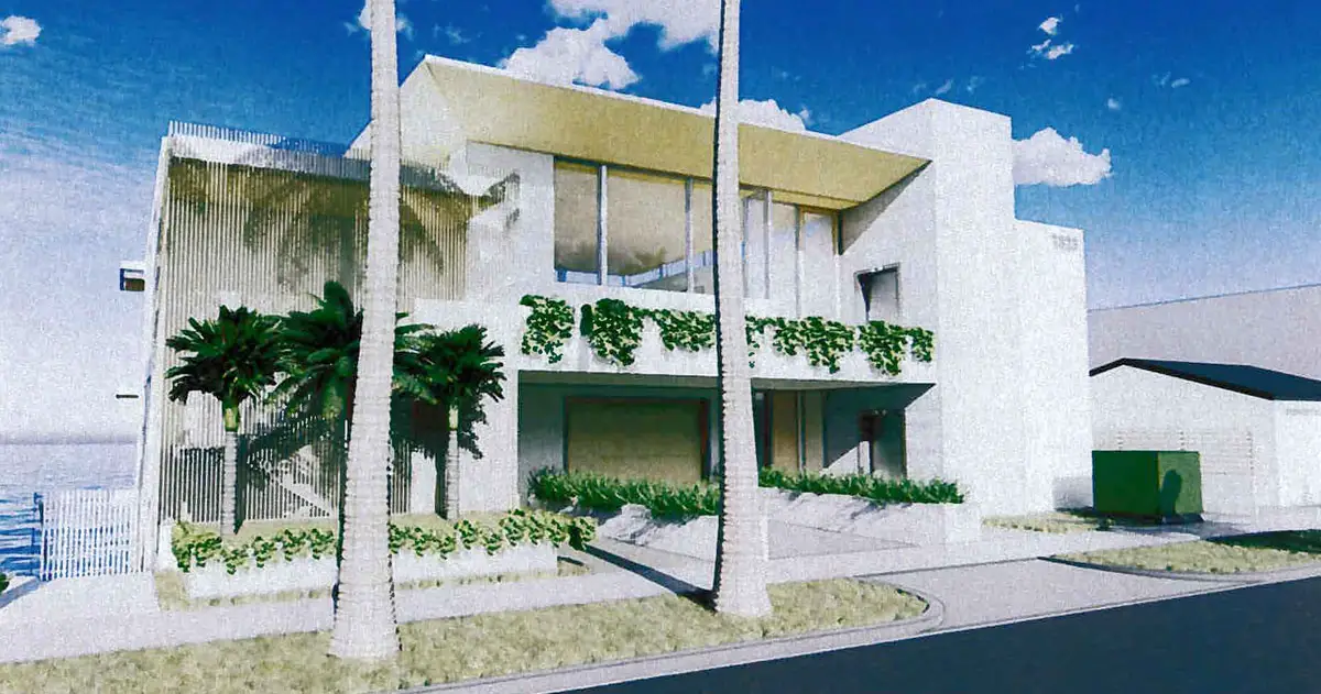 A rendering shows a proposed five-unit condominium building planned for 1323 S. Pacific St. in Oceanside. The project would replace an existing three-unit apartment building if approved by the California Coastal Commission. Rendering courtesy of the project applicant
