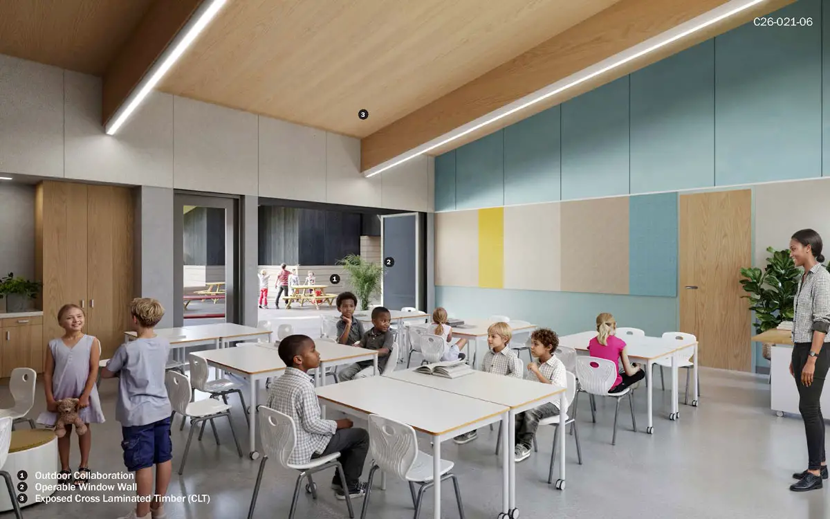 A rendering shows the future Paul Ecke Central Elementary School campus, which will feature classrooms clustered around gardens and outdoor learning spaces as part of a “school in a garden” design. Courtesy photo/Encinitas Union School District