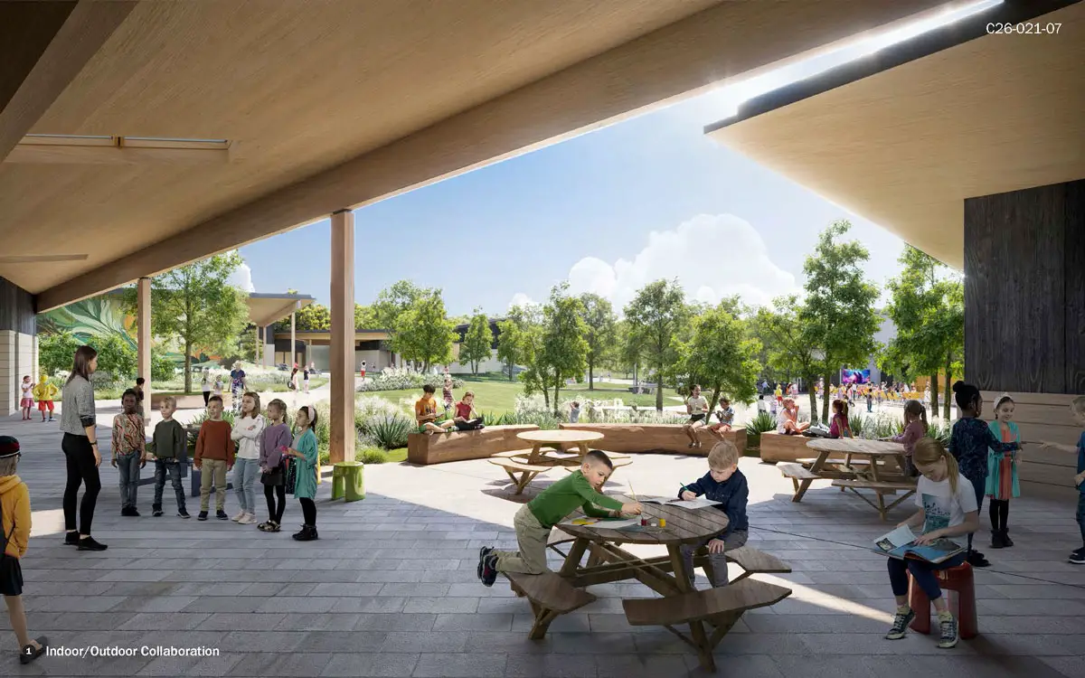 A rendering shows the future Paul Ecke Central Elementary School campus, which will feature classrooms clustered around gardens and outdoor learning spaces as part of a “school in a garden” design. Courtesy photo/Encinitas Union School District