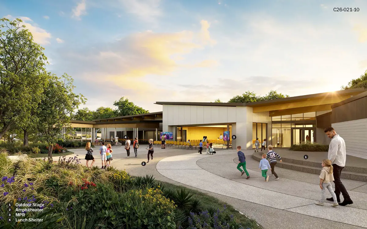 A rendering shows the future Paul Ecke Central Elementary School campus, which will feature classrooms clustered around gardens and outdoor learning spaces as part of a “school in a garden” design. Courtesy photo/Encinitas Union School District