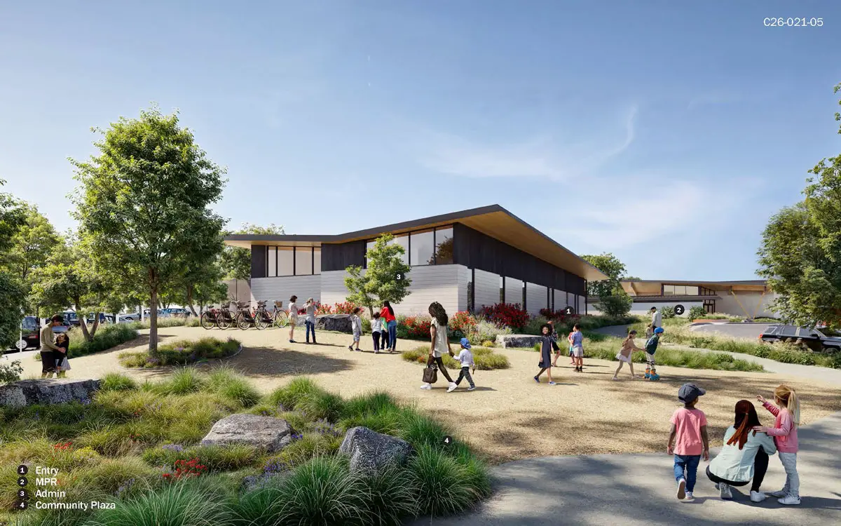 A rendering shows the future Paul Ecke Central Elementary School campus, which will feature classrooms clustered around gardens and outdoor learning spaces as part of a “school in a garden” design. Courtesy photo/Encinitas Union School District
