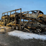 A burned-out car carrier sits along southbound Interstate 5 near the Aliso Creek Rest Area after catching fire early Thursday, destroying all six vehicles it was hauling. Courtesy photo/CHP