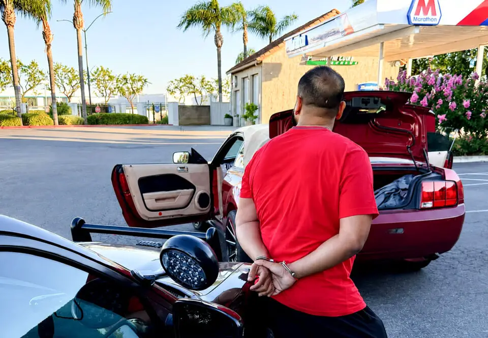 A suspect is taken into custody during a joint San Diego police and California Highway Patrol crackdown on illegal street racing and sideshows. Courtesy photo/CHP