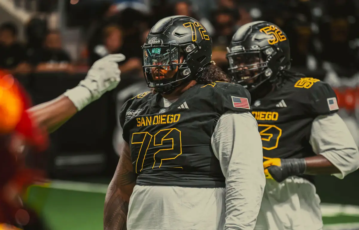 San Diego Strike Force offensive lineman Jalen Booth (72) and Adrian Hawkins Jr. (52) take the field earlier this season at Frontwave Arena in Oceanside. Courtesy photo/San Diego Strike Force