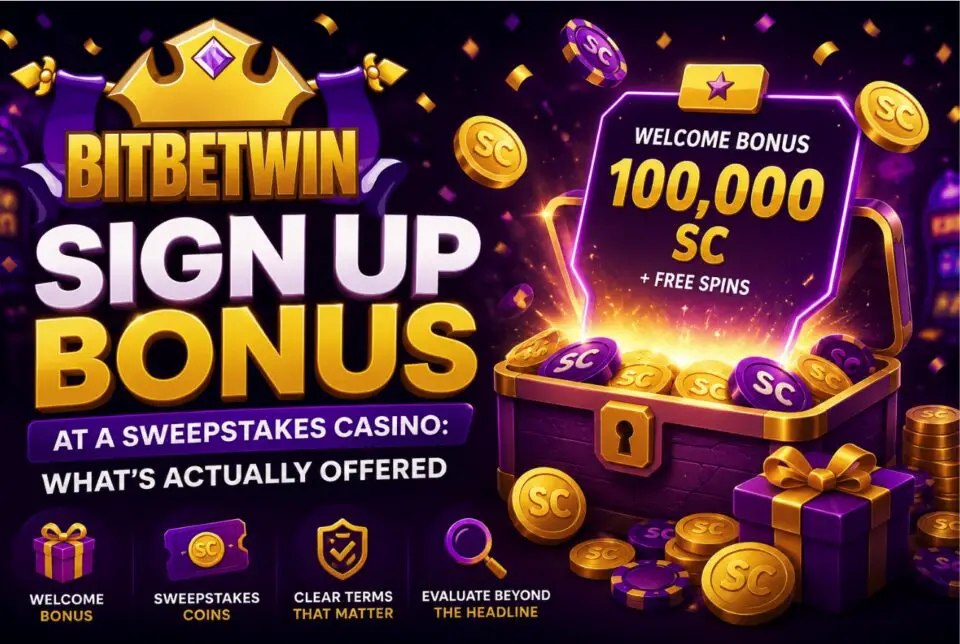 Sweepstakes casino sign-up bonus displayed with virtual coins on a smartphone