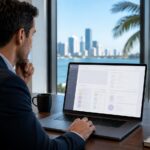 Business operator reviewing a sweepstakes platform on a laptop in a Florida office.
