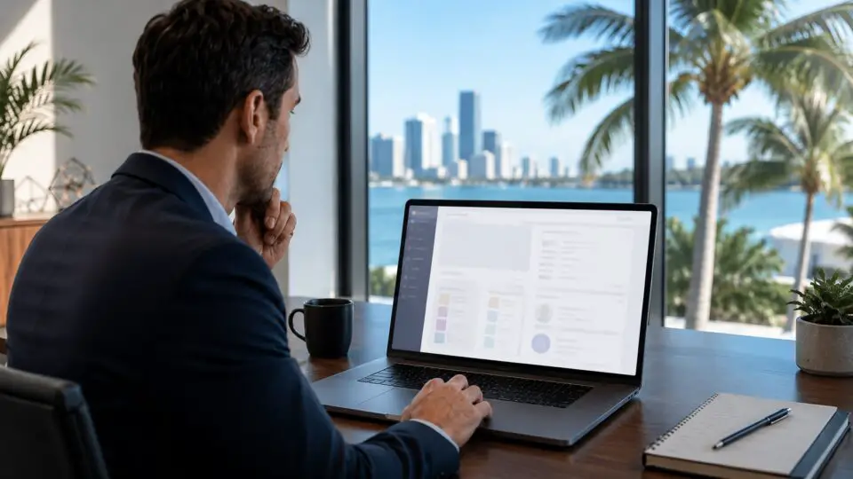 Business operator reviewing a sweepstakes platform on a laptop in a Florida office.