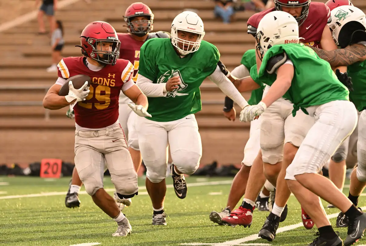 Torrey Pines and Oceanside high school football players compete during a summer scrimmage ahead of the 2026 season. Photo by Jacob Lang