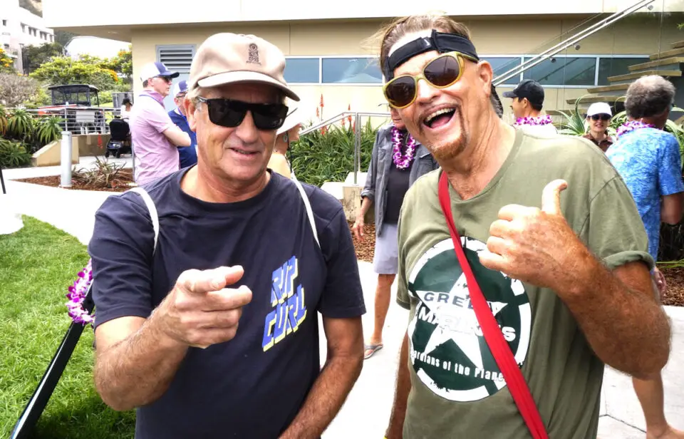 Three-time World Surfing Champion Tom Curren, left, and longtime friend Ken Eichenberg attend the 33rd annual Legends of Science & Surfing event at Scripps Pier on Saturday, Aug. 15. Photo by Chris Ahrens