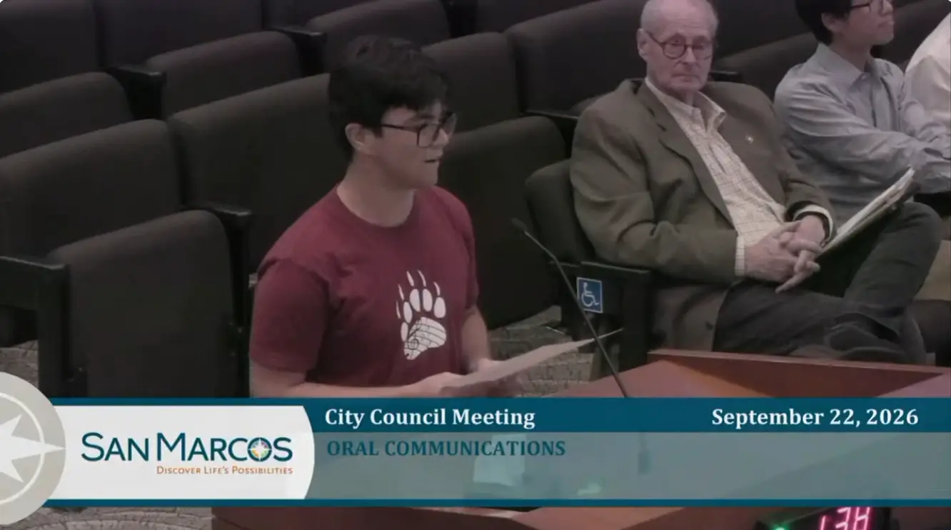 San Marcos High School marching band drum major Pablo Lara speaks to the San Marcos City Council during oral communications at the Sept. 22 meeting in this video capture.