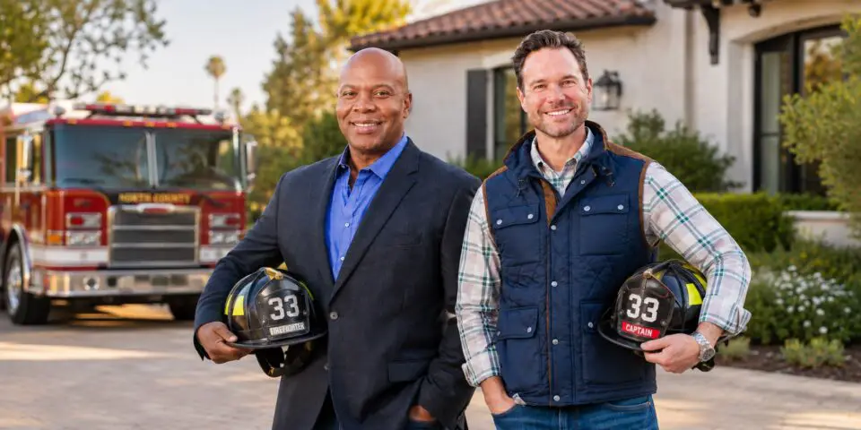 33 Property Management founders Rich Brocchini and Baryic Hunter with firefighter helmets outside a North County home