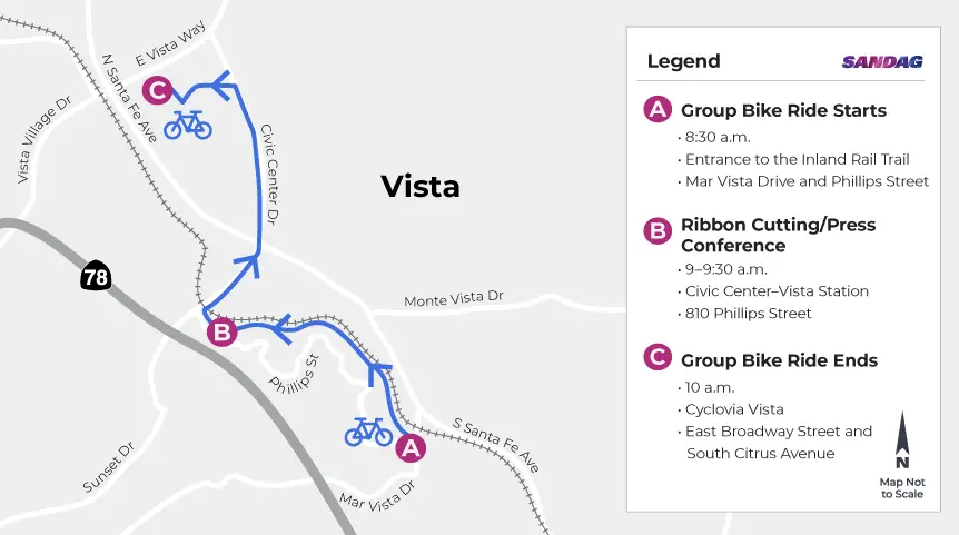 A map of the group Inland Rail Trail ride on Sept. 26 in Vista. Courtesy map / SANDAG